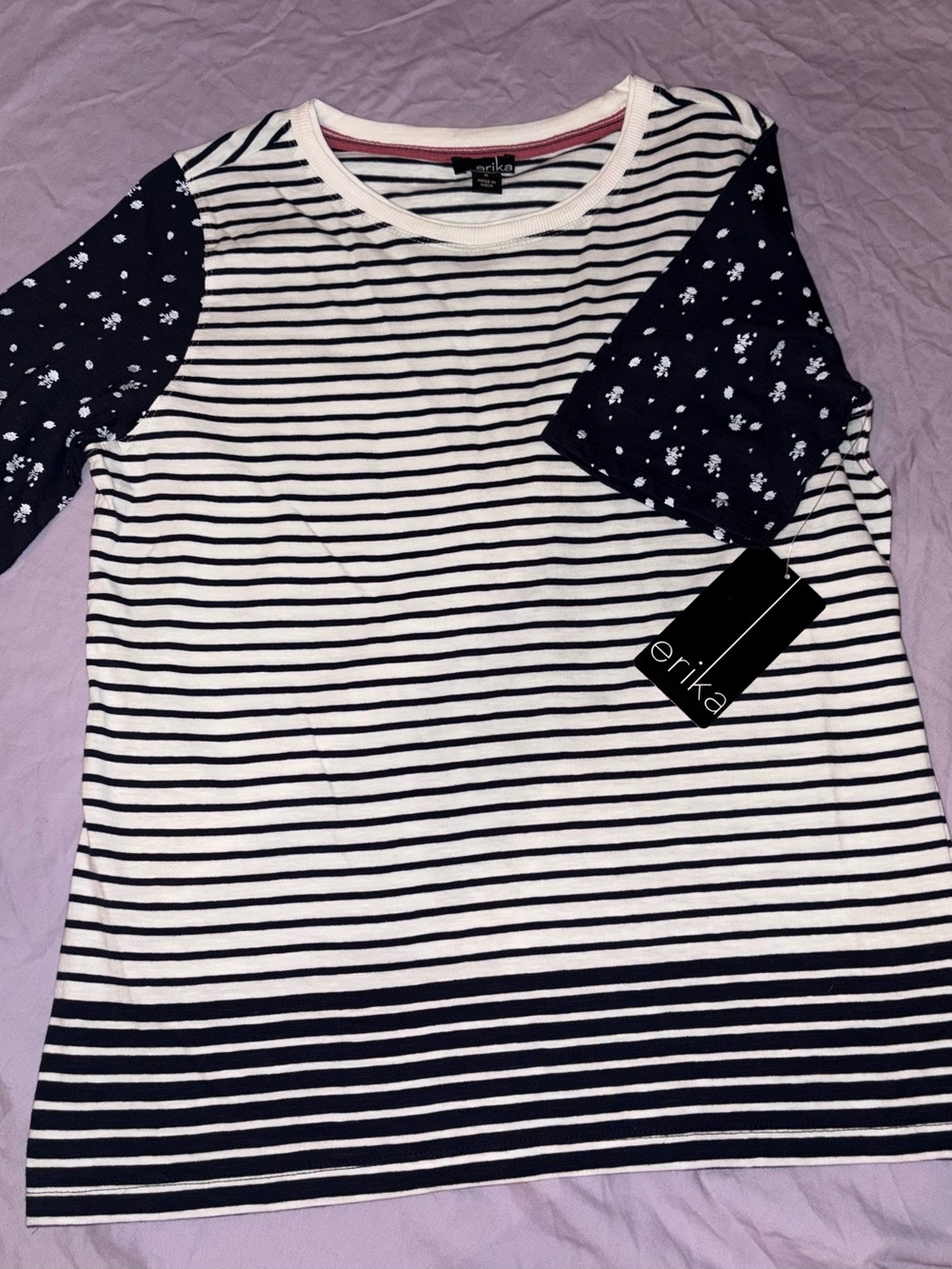 Erika Navy & White Striped Short-Sleeve Tee with Floral Sleeves
